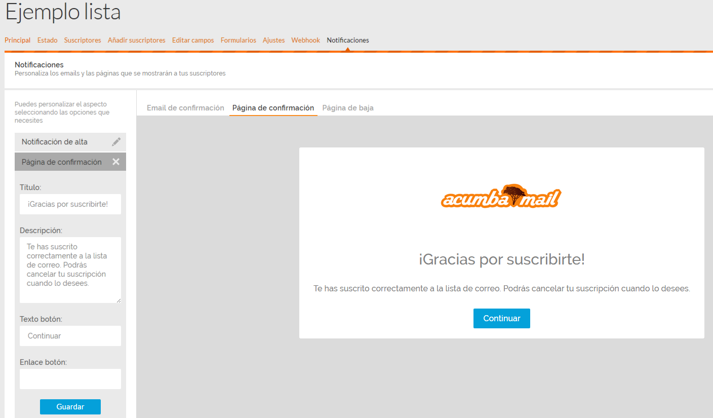 pagina de confirmación